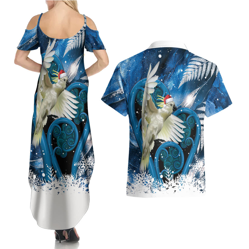 Sulphur-crested Cockatoo New Zealand Christmas In July Couples Matching Summer Maxi Dress and Hawaiian Shirt NZ Aroha Koru Fern Marble Vibes LT14 - Polynesian Pride