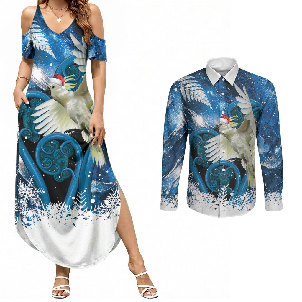 Sulphur-crested Cockatoo New Zealand Christmas In July Couples Matching Summer Maxi Dress and Long Sleeve Button Shirt NZ Aroha Koru Fern Marble Vibes LT14 Blue - Polynesian Pride
