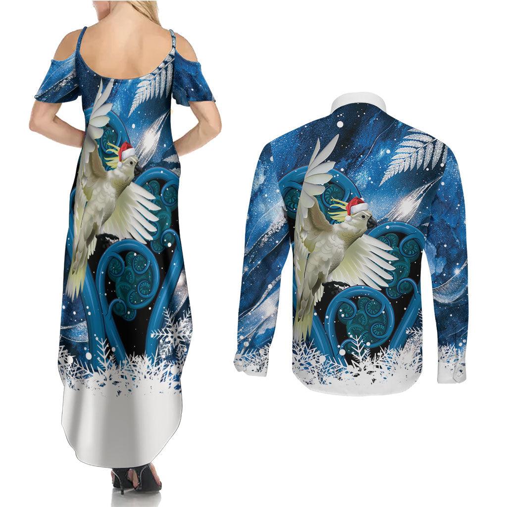 Sulphur-crested Cockatoo New Zealand Christmas In July Couples Matching Summer Maxi Dress and Long Sleeve Button Shirt NZ Aroha Koru Fern Marble Vibes LT14 - Polynesian Pride