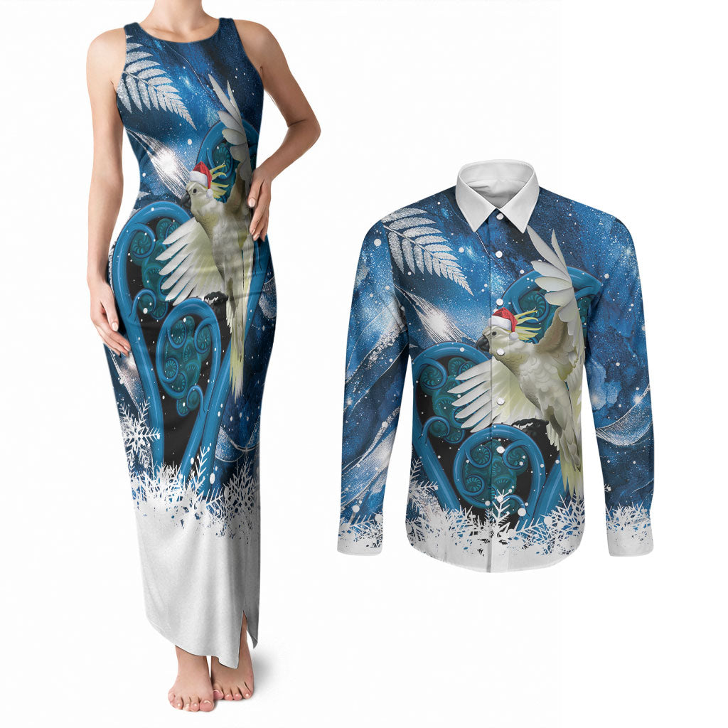 Sulphur-crested Cockatoo New Zealand Christmas In July Couples Matching Tank Maxi Dress and Long Sleeve Button Shirt NZ Aroha Koru Fern Marble Vibes LT14 Blue - Polynesian Pride
