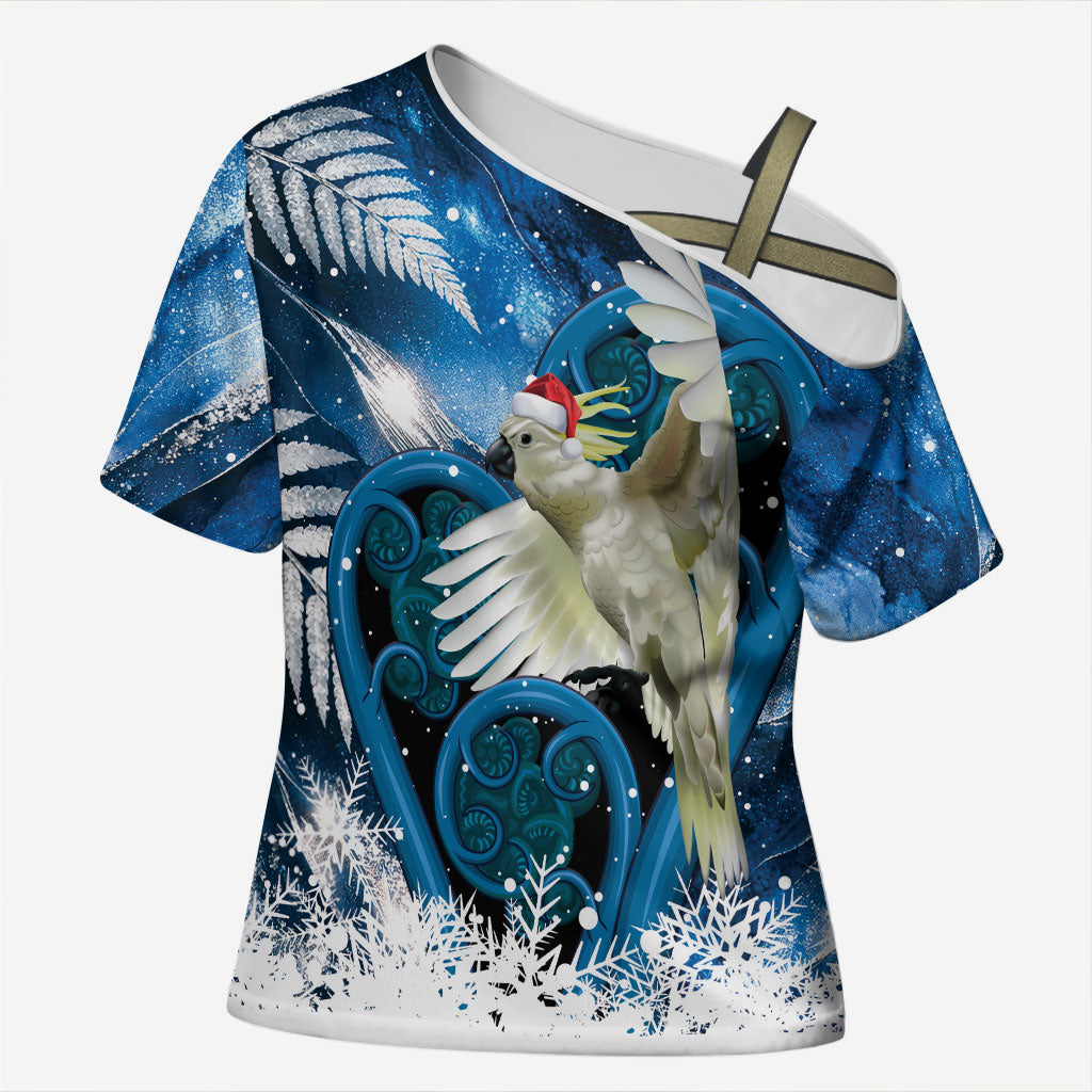 Sulphur-crested Cockatoo New Zealand Christmas In July Cross Shoulder Shirt NZ Aroha Koru Fern Marble Vibes LT14 Female Blue - Polynesian Pride