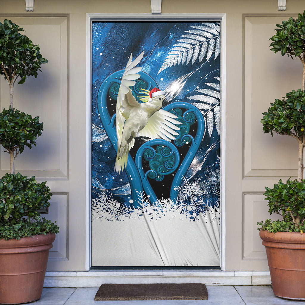 Sulphur-crested Cockatoo New Zealand Christmas In July Door Cover NZ Aroha Koru Fern Marble Vibes LT14 Blue - Polynesian Pride