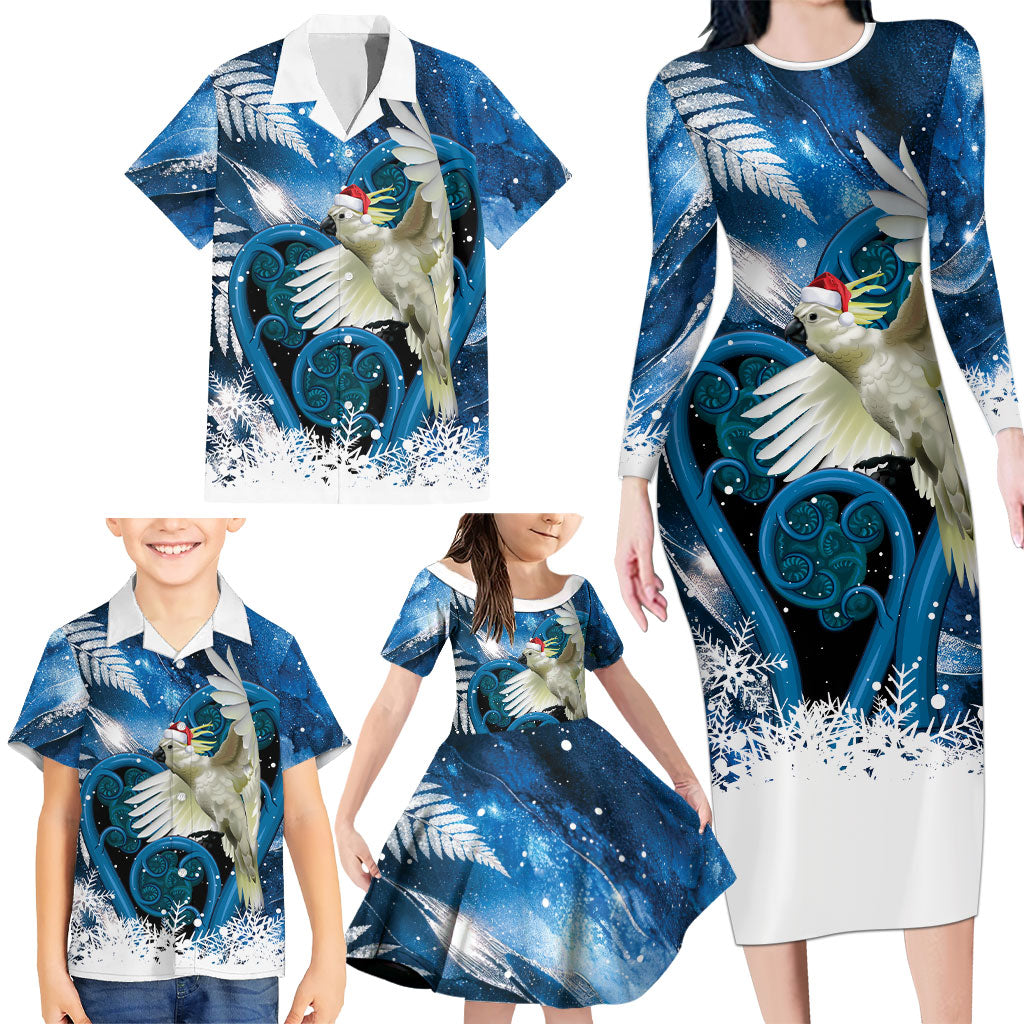 Sulphur-crested Cockatoo New Zealand Christmas In July Family Matching Long Sleeve Bodycon Dress and Hawaiian Shirt NZ Aroha Koru Fern Marble Vibes LT14 - Polynesian Pride