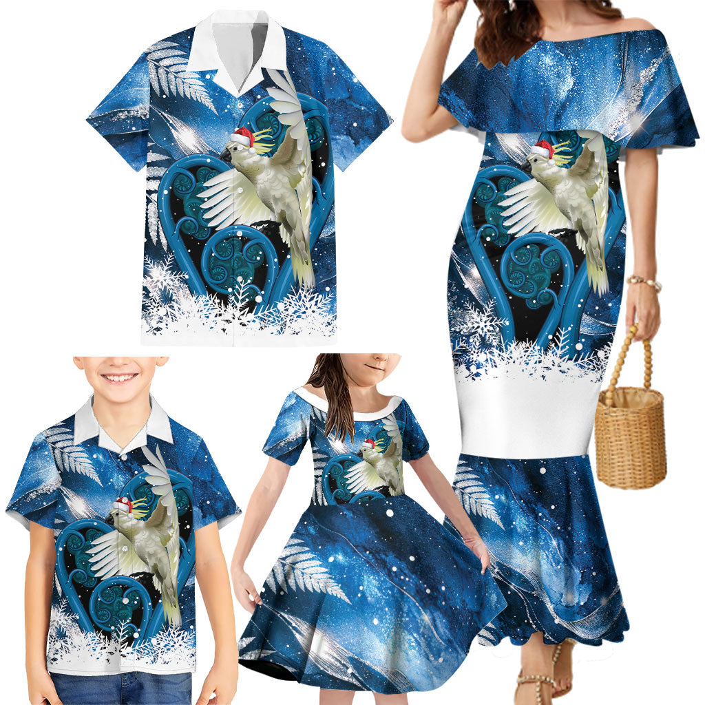 Sulphur-crested Cockatoo New Zealand Christmas In July Family Matching Mermaid Dress and Hawaiian Shirt NZ Aroha Koru Fern Marble Vibes LT14 - Polynesian Pride