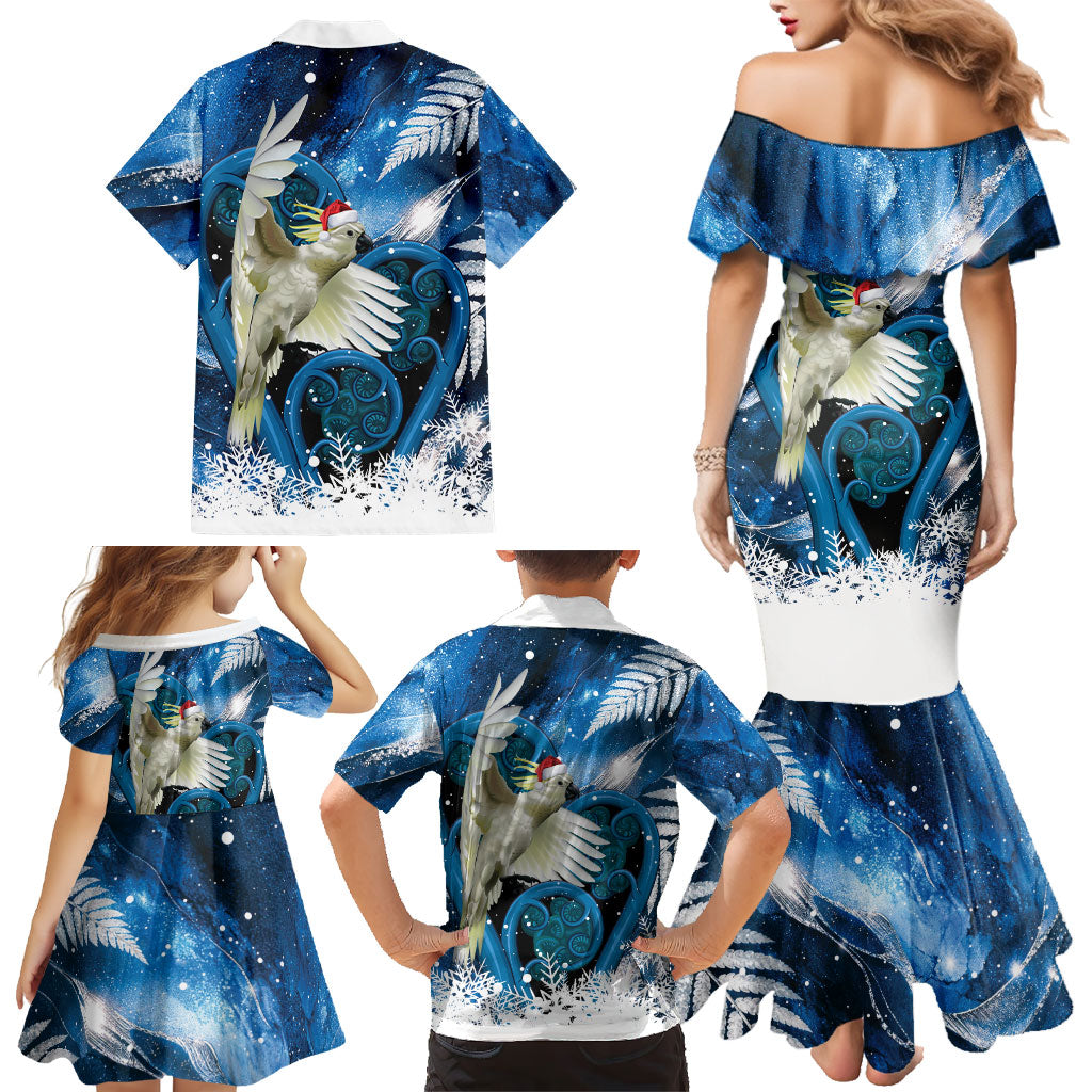 Sulphur-crested Cockatoo New Zealand Christmas In July Family Matching Mermaid Dress and Hawaiian Shirt NZ Aroha Koru Fern Marble Vibes LT14 - Polynesian Pride