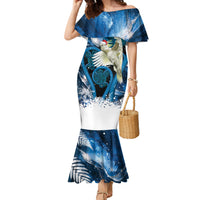 Sulphur-crested Cockatoo New Zealand Christmas In July Family Matching Mermaid Dress and Hawaiian Shirt NZ Aroha Koru Fern Marble Vibes LT14 Mom's Dress Blue - Polynesian Pride