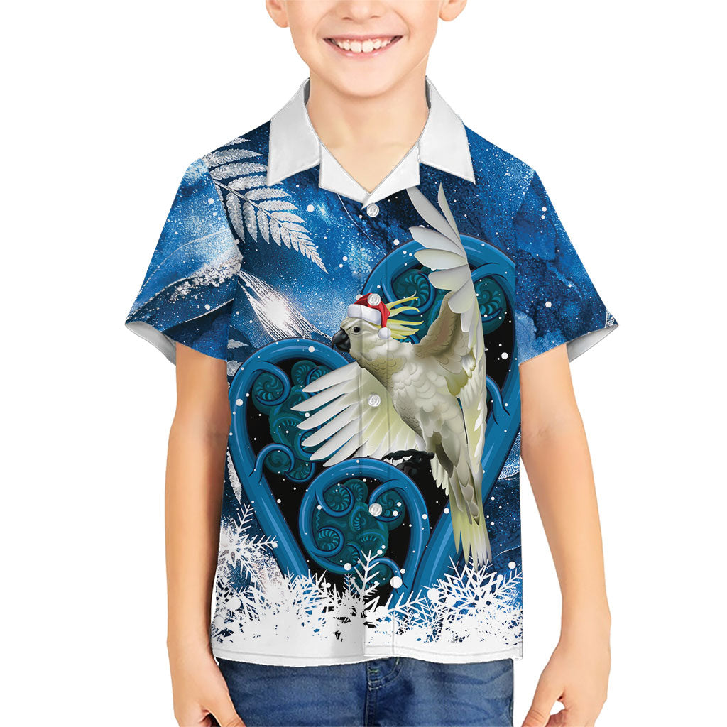 Sulphur-crested Cockatoo New Zealand Christmas In July Family Matching Puletasi and Hawaiian Shirt NZ Aroha Koru Fern Marble Vibes LT14 Son's Shirt Blue - Polynesian Pride