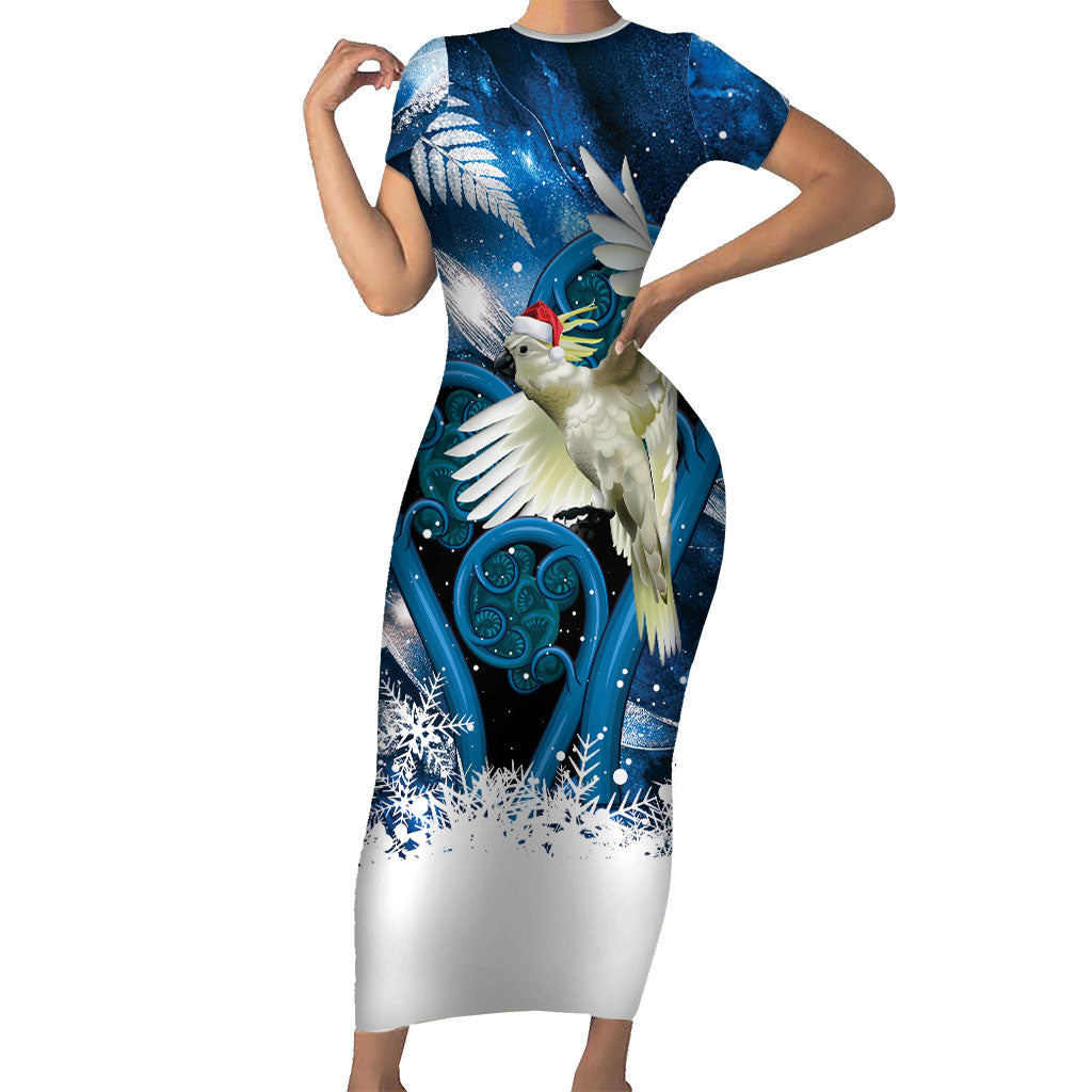 Sulphur-crested Cockatoo New Zealand Christmas In July Family Matching Short Sleeve Bodycon Dress and Hawaiian Shirt NZ Aroha Koru Fern Marble Vibes LT14 Mom's Dress Blue - Polynesian Pride