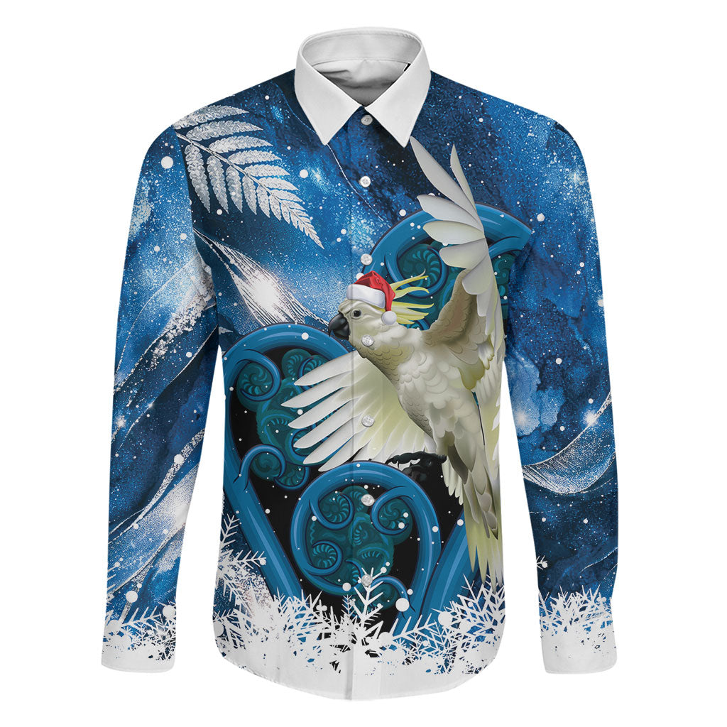 Sulphur-crested Cockatoo New Zealand Christmas In July Family Matching Tank Maxi Dress and Hawaiian Shirt NZ Aroha Koru Fern Marble Vibes LT14 Dad's Shirt - Long Sleeve Blue - Polynesian Pride