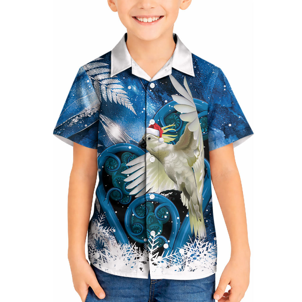 Sulphur-crested Cockatoo New Zealand Christmas In July Kid Hawaiian Shirt NZ Aroha Koru Fern Marble Vibes LT14 Kid Blue - Polynesian Pride