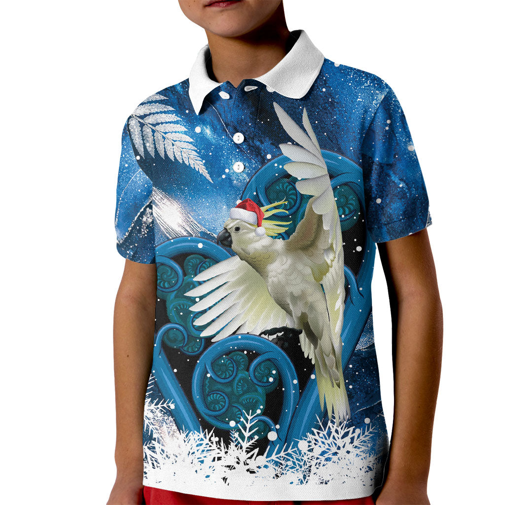 Sulphur-crested Cockatoo New Zealand Christmas In July Kid Polo Shirt NZ Aroha Koru Fern Marble Vibes LT14 Kid Blue - Polynesian Pride