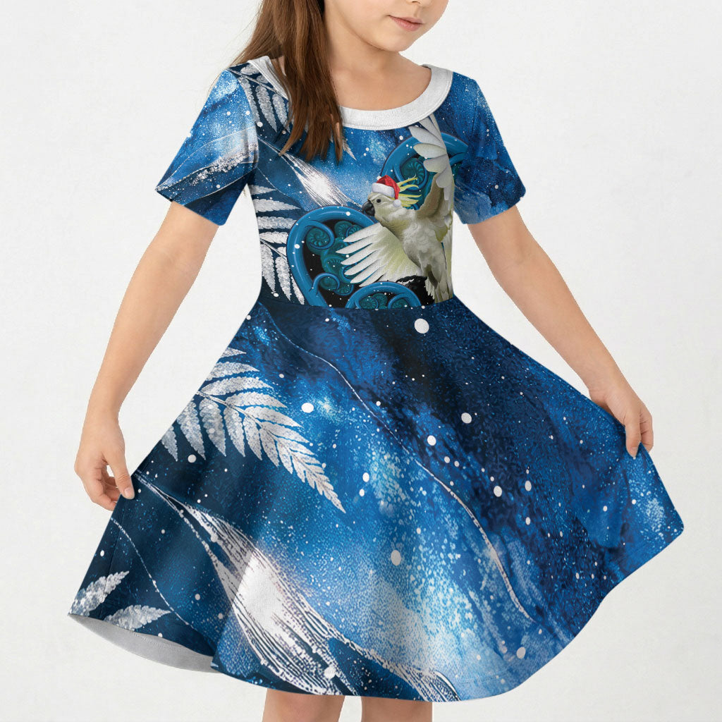 Sulphur-crested Cockatoo New Zealand Christmas In July Kid Short Sleeve Dress NZ Aroha Koru Fern Marble Vibes LT14 KID Blue - Polynesian Pride