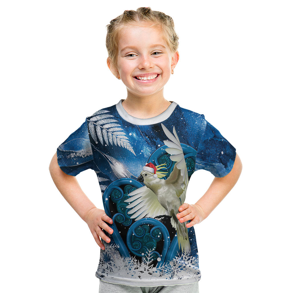 Sulphur-crested Cockatoo New Zealand Christmas In July Kid T Shirt NZ Aroha Koru Fern Marble Vibes LT14 Blue - Polynesian Pride