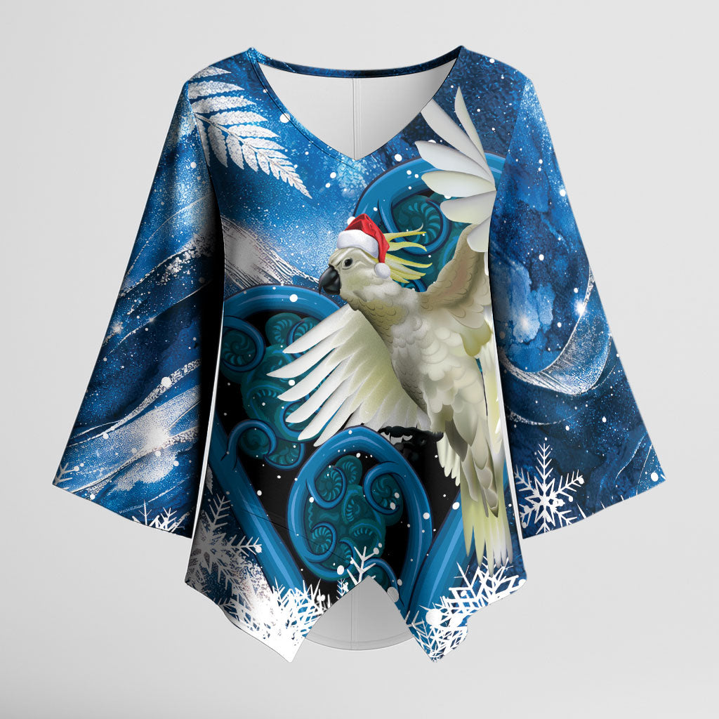 Sulphur-crested Cockatoo New Zealand Christmas In July Kimono Sleeve Blouse NZ Aroha Koru Fern Marble Vibes LT14 Female Blue - Polynesian Pride