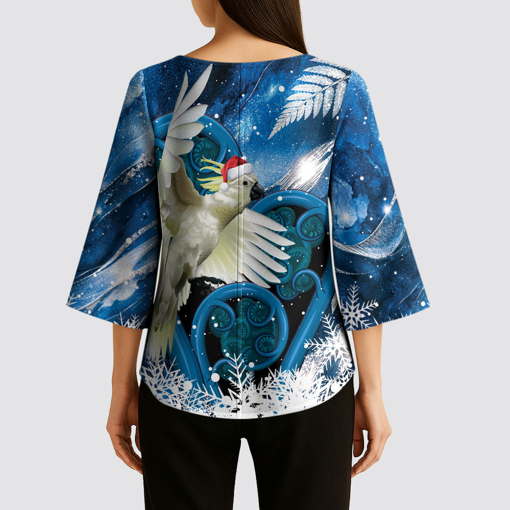 Sulphur-crested Cockatoo New Zealand Christmas In July Kimono Sleeve Blouse NZ Aroha Koru Fern Marble Vibes LT14 - Polynesian Pride