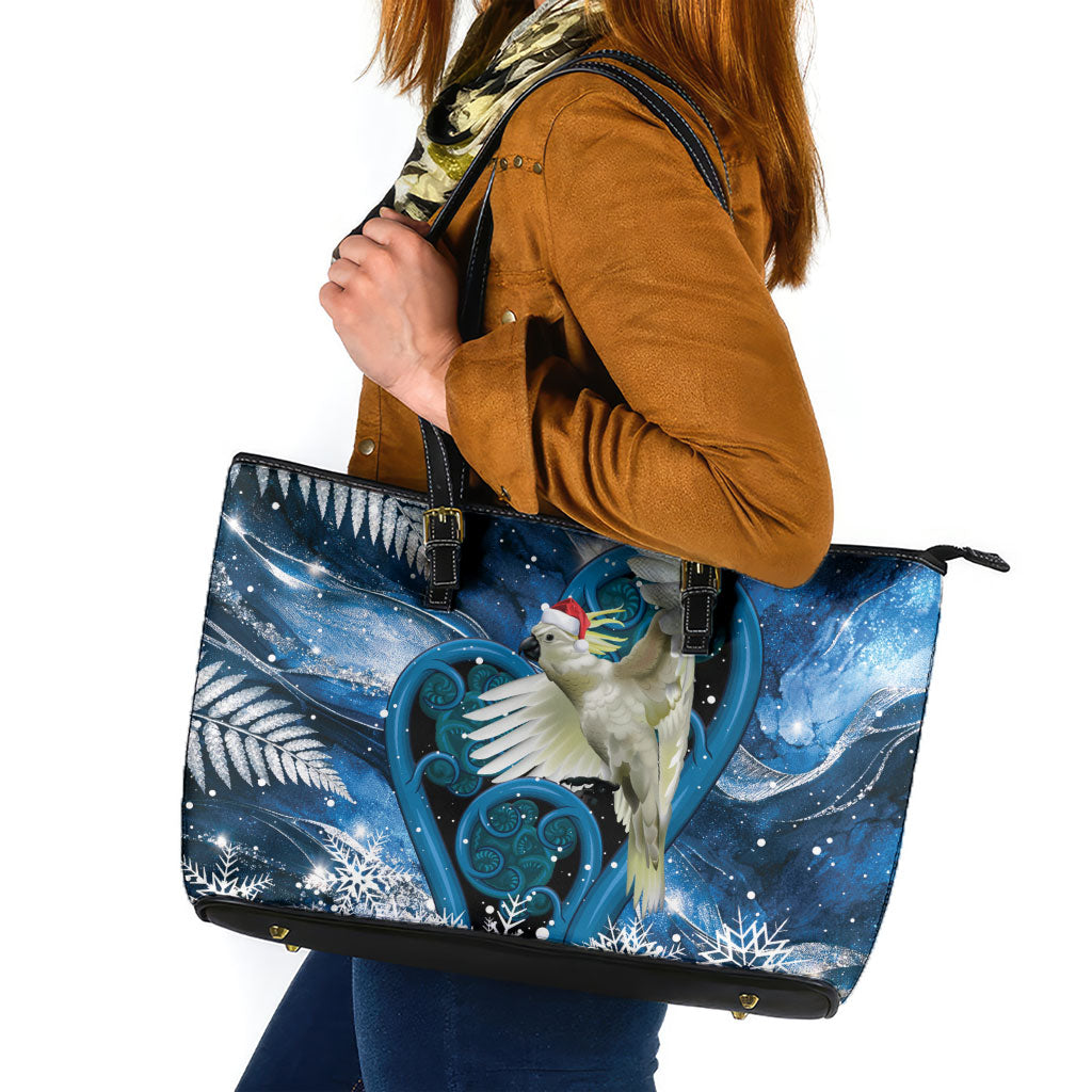 Sulphur-crested Cockatoo New Zealand Christmas In July Leather Tote Bag NZ Aroha Koru Fern Marble Vibes LT14 Blue - Polynesian Pride