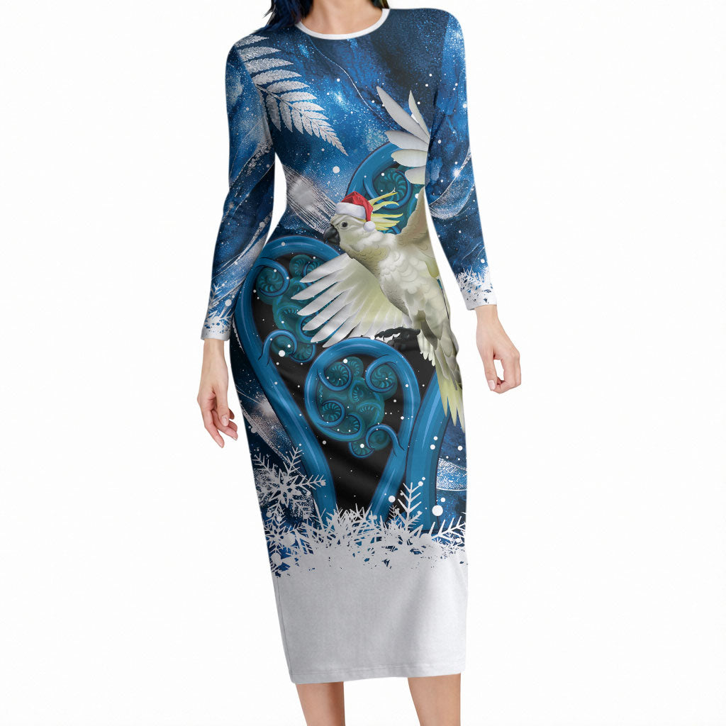 Sulphur-crested Cockatoo New Zealand Christmas In July Long Sleeve Bodycon Dress NZ Aroha Koru Fern Marble Vibes LT14 Long Dress Blue - Polynesian Pride