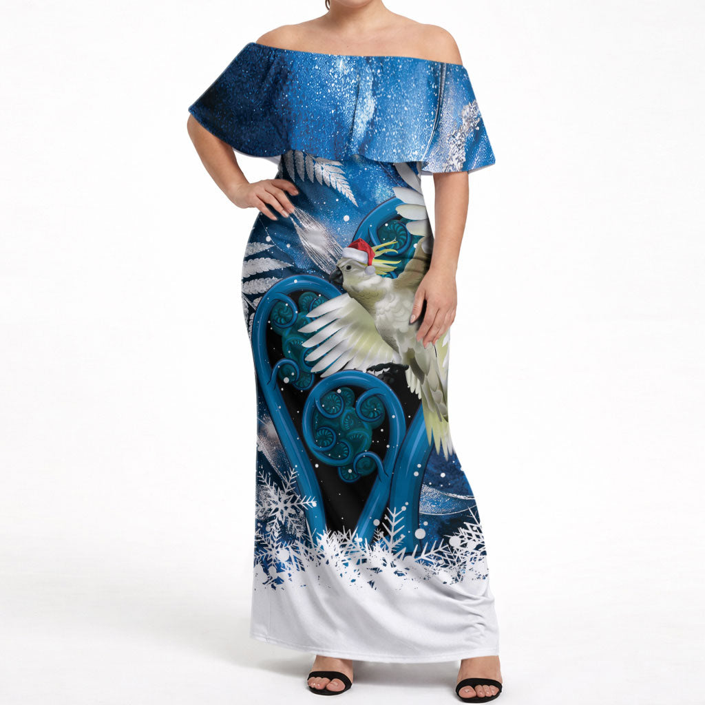 Sulphur-crested Cockatoo New Zealand Christmas In July Off Shoulder Maxi Dress NZ Aroha Koru Fern Marble Vibes LT14 Women Blue - Polynesian Pride