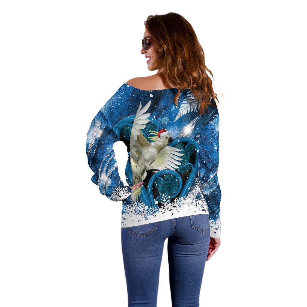 Sulphur-crested Cockatoo New Zealand Christmas In July Off Shoulder Sweater NZ Aroha Koru Fern Marble Vibes LT14 - Polynesian Pride