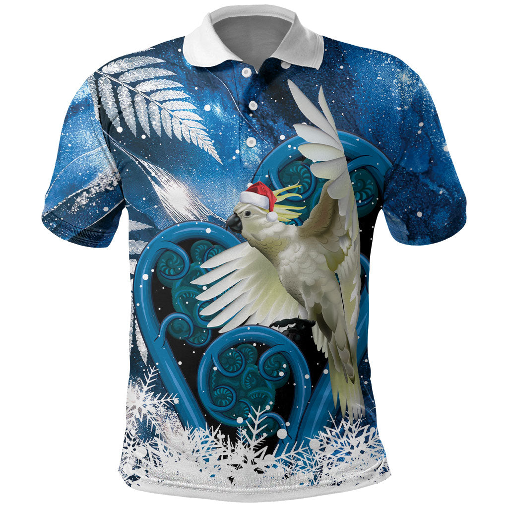 Sulphur-crested Cockatoo New Zealand Christmas In July Polo Shirt NZ Aroha Koru Fern Marble Vibes LT14 Blue - Polynesian Pride