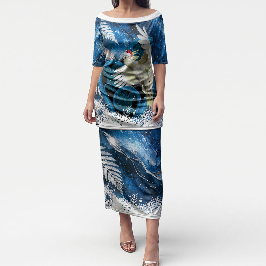 Sulphur-crested Cockatoo New Zealand Christmas In July Puletasi NZ Aroha Koru Fern Marble Vibes LT14 Long Dress Blue - Polynesian Pride