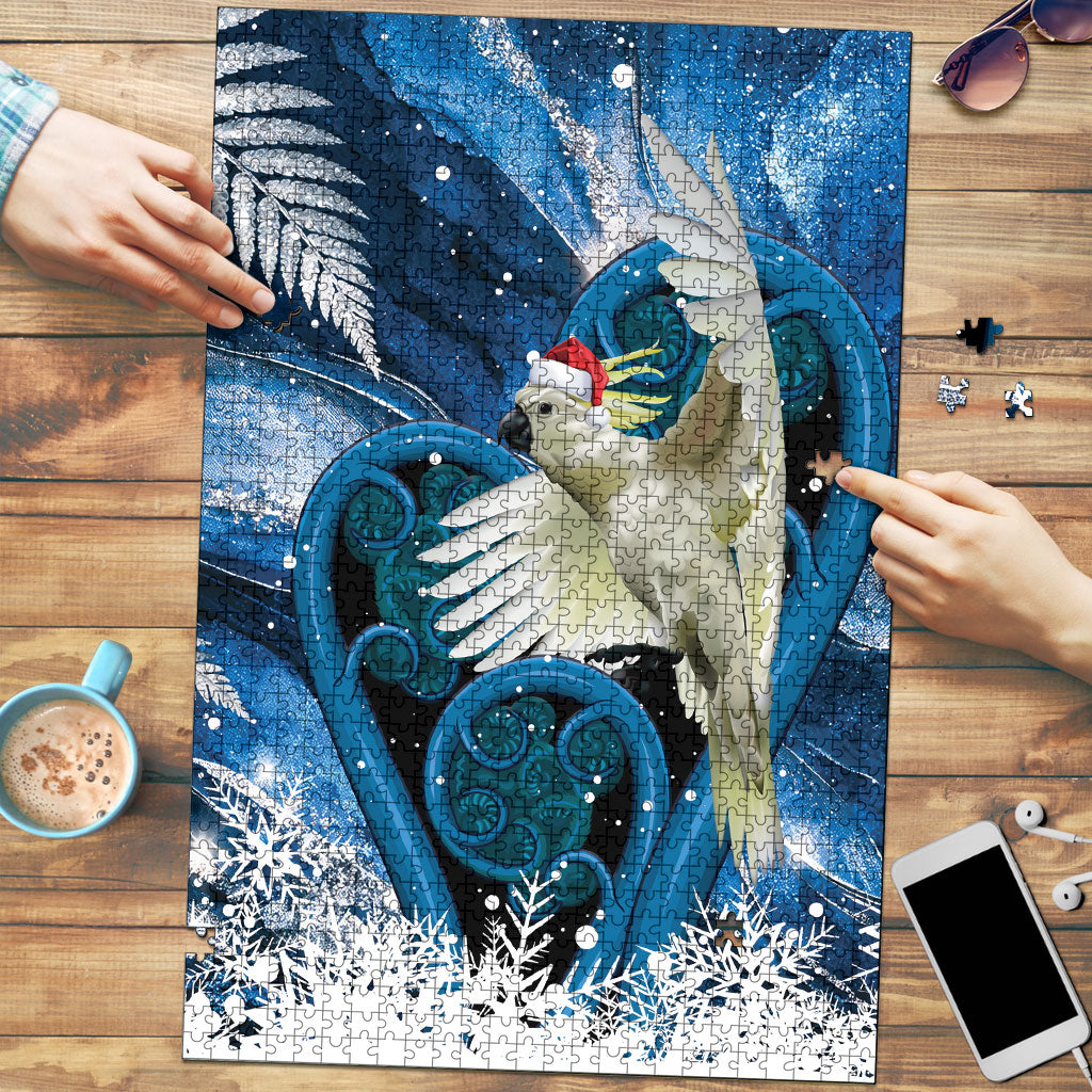 Sulphur-crested Cockatoo New Zealand Christmas In July Puzzle NZ Aroha Koru Fern Marble Vibes LT14 Blue - Polynesian Pride
