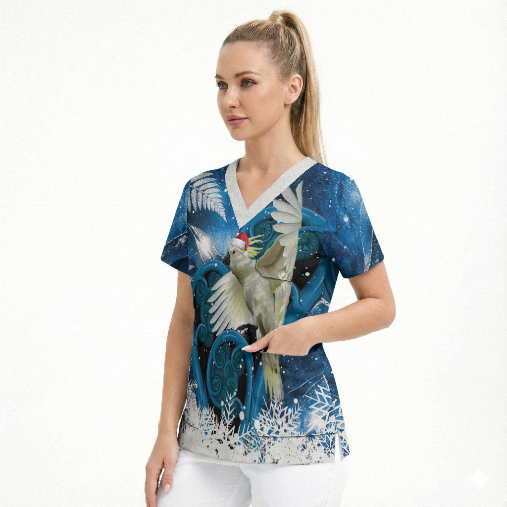 Sulphur-crested Cockatoo New Zealand Christmas In July Scrub Top NZ Aroha Koru Fern Marble Vibes LT14 - Polynesian Pride