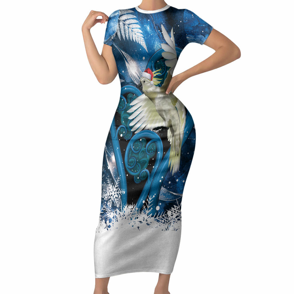 Sulphur-crested Cockatoo New Zealand Christmas In July Short Sleeve Bodycon Dress NZ Aroha Koru Fern Marble Vibes LT14 Long Dress Blue - Polynesian Pride