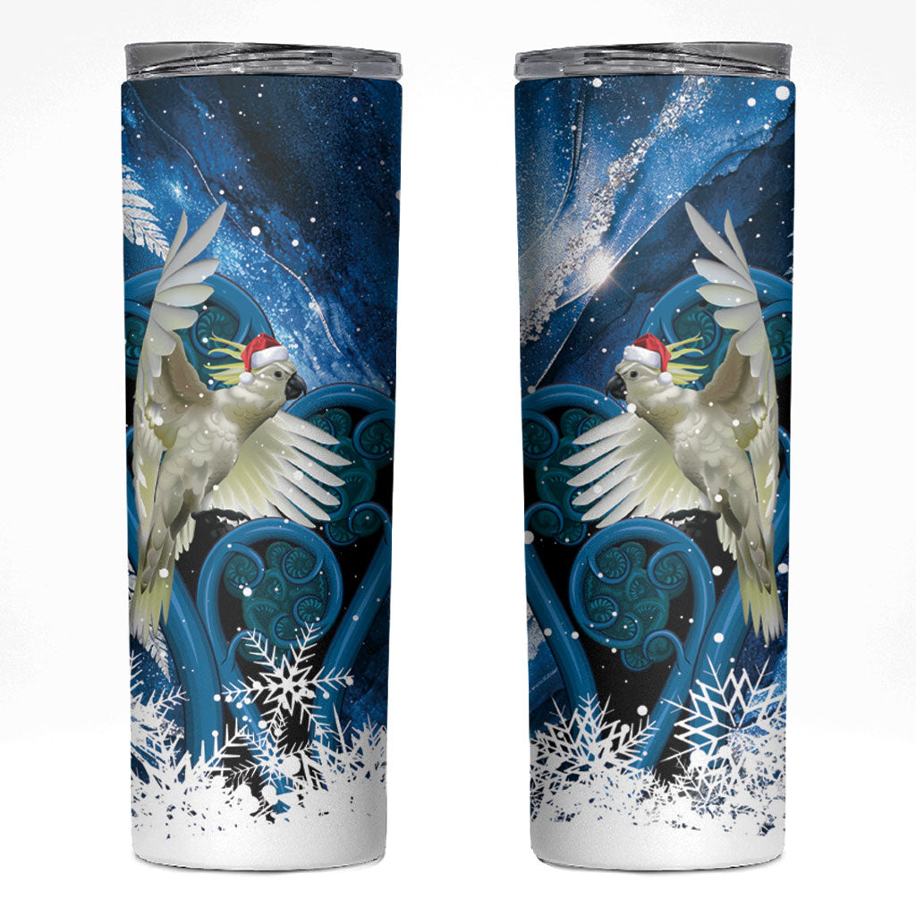 Sulphur-crested Cockatoo New Zealand Christmas In July Skinny Tumbler NZ Aroha Koru Fern Marble Vibes LT14 Blue - Polynesian Pride