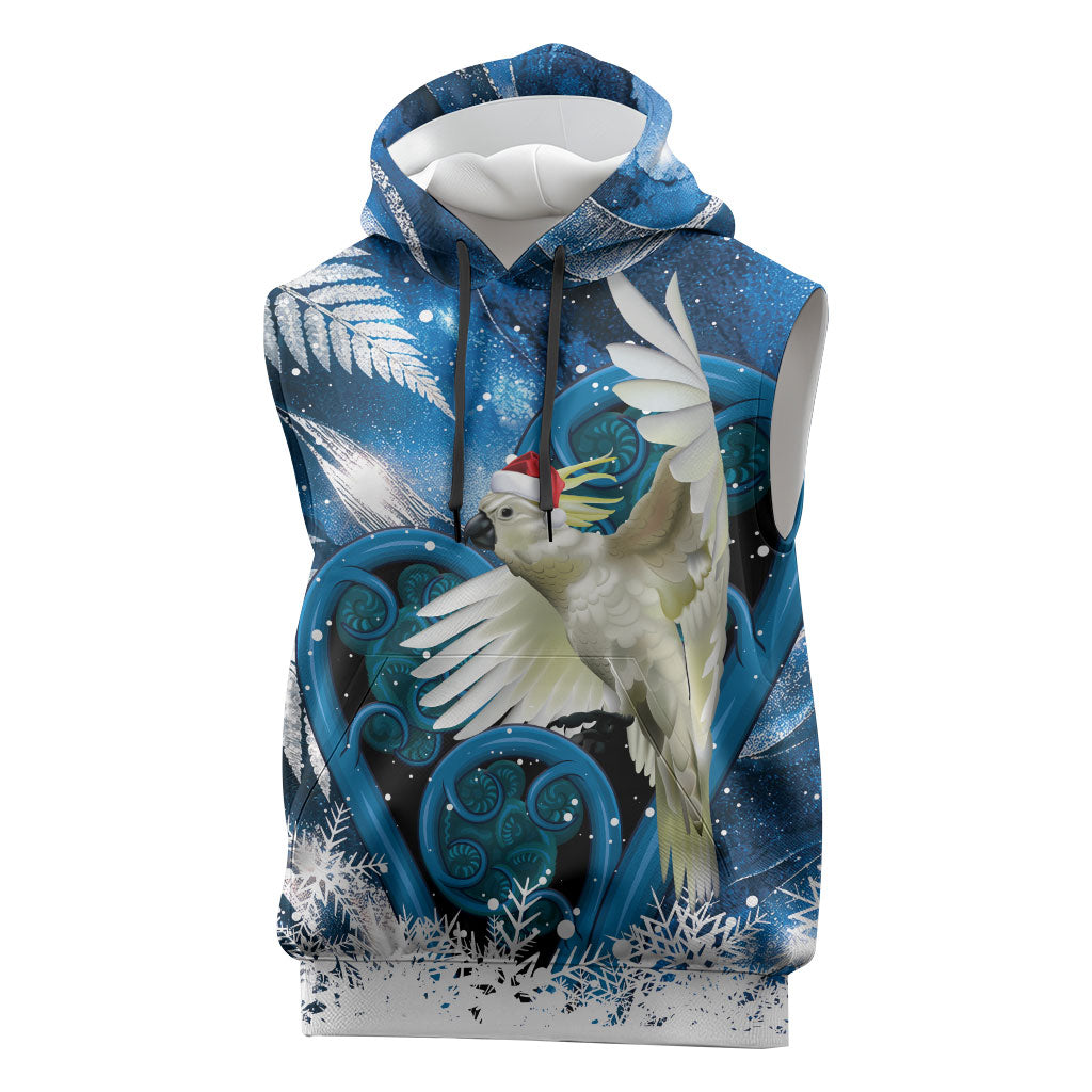 Sulphur-crested Cockatoo New Zealand Christmas In July Sleeveless Hoodie NZ Aroha Koru Fern Marble Vibes LT14 Blue - Polynesian Pride