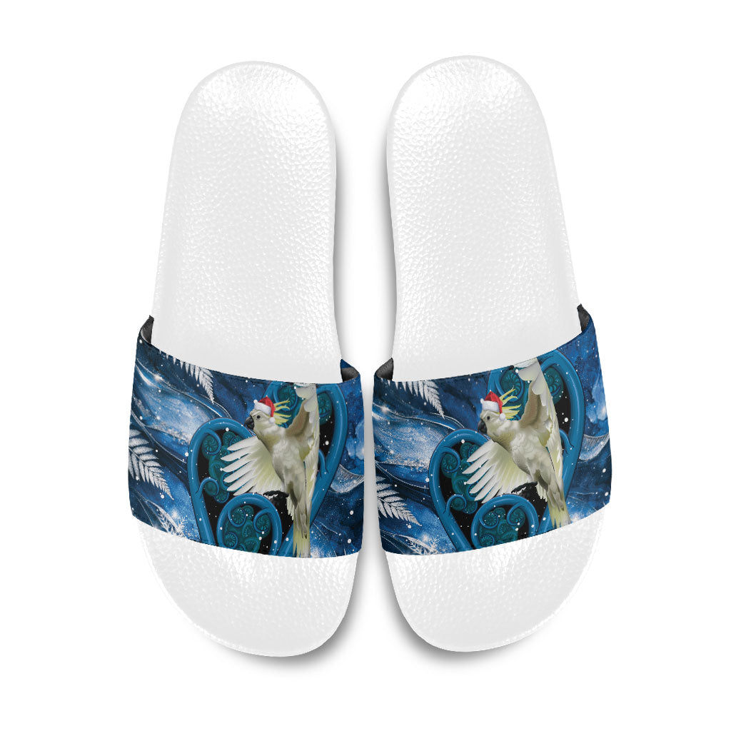 Sulphur-crested Cockatoo New Zealand Christmas In July Slide Sandals NZ Aroha Koru Fern Marble Vibes LT14 Blue - Polynesian Pride