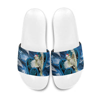 Sulphur-crested Cockatoo New Zealand Christmas In July Slide Sandals NZ Aroha Koru Fern Marble Vibes LT14 Blue - Polynesian Pride