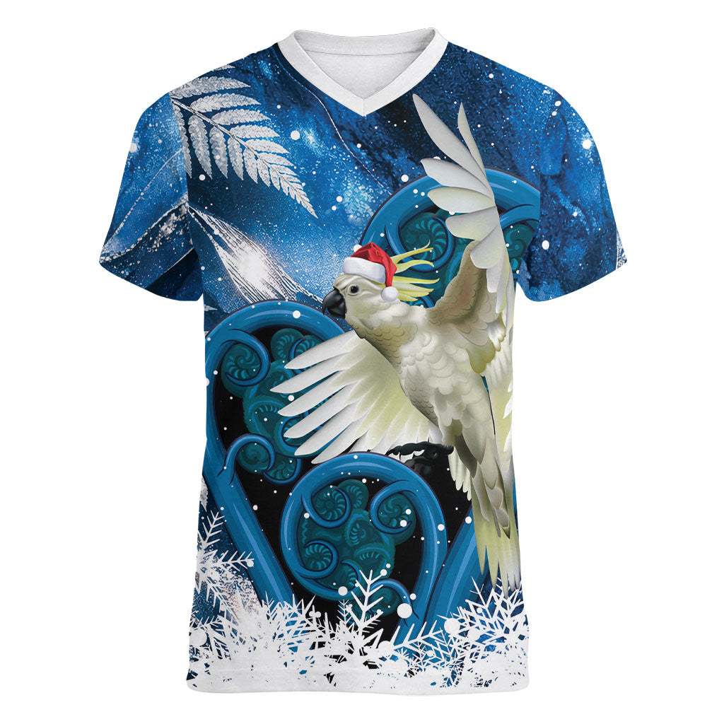 Sulphur-crested Cockatoo New Zealand Christmas In July Women V-Neck T-Shirt NZ Aroha Koru Fern Marble Vibes LT14 Female Blue - Polynesian Pride