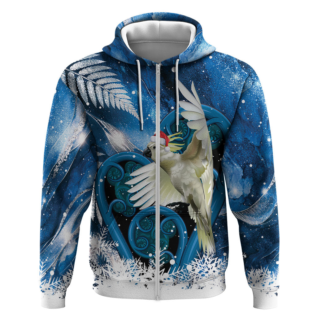 Sulphur-crested Cockatoo New Zealand Christmas In July Zip Hoodie NZ Aroha Koru Fern Marble Vibes LT14 Zip Hoodie Blue - Polynesian Pride