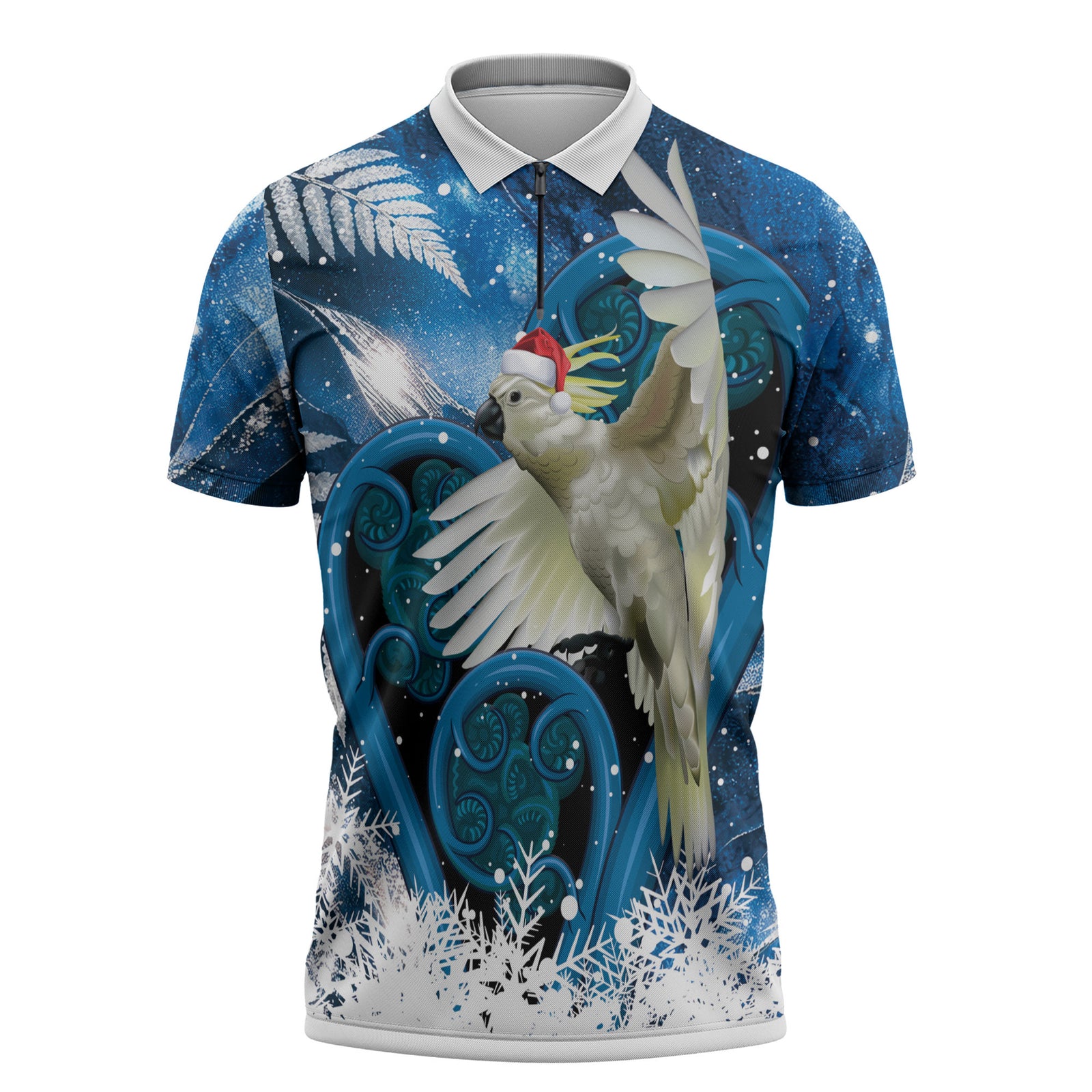 Sulphur-crested Cockatoo New Zealand Christmas In July Zipper Polo Shirt NZ Aroha Koru Fern Marble Vibes LT14 Blue - Polynesian Pride