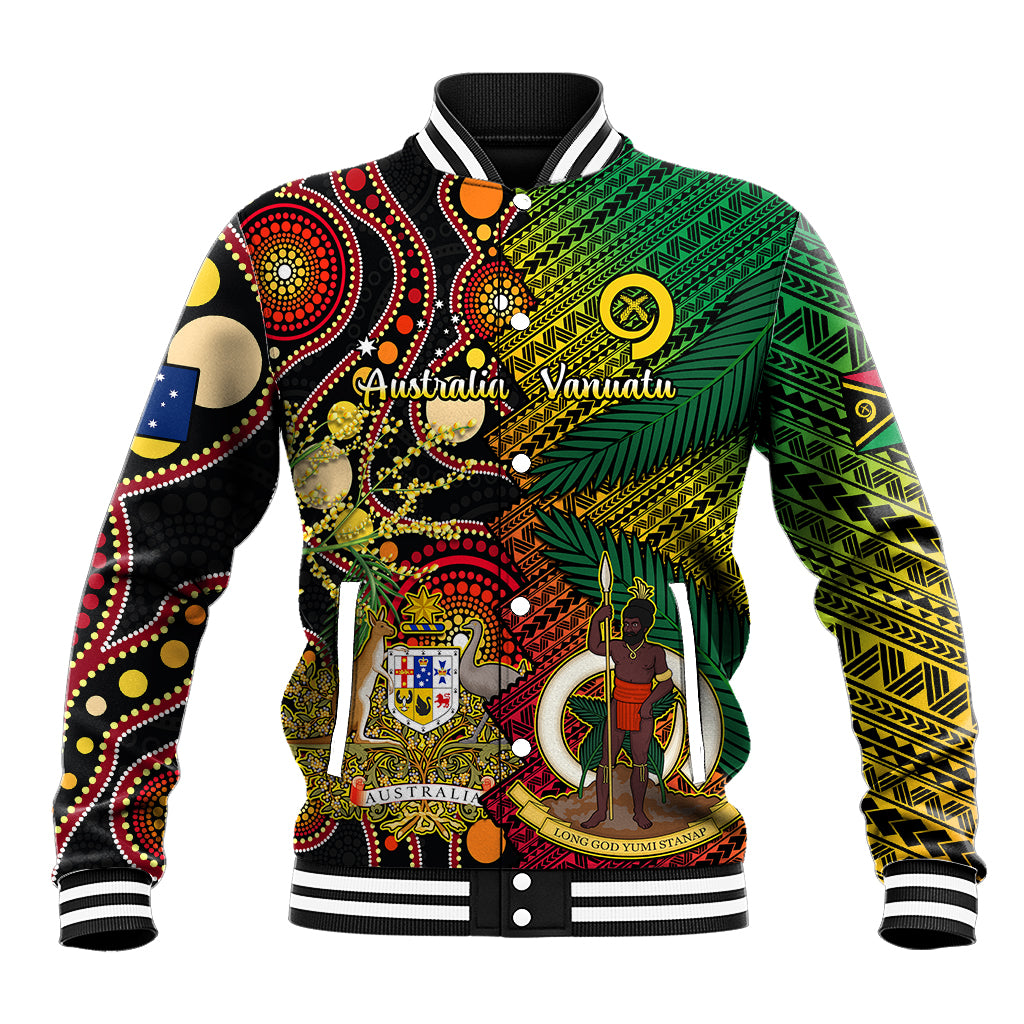 Vanuatu and Australia Baseball Jacket Vanuatuan Polynesian Mix Aussie Aboriginal Art LT14 Unisex Black - Polynesian Pride