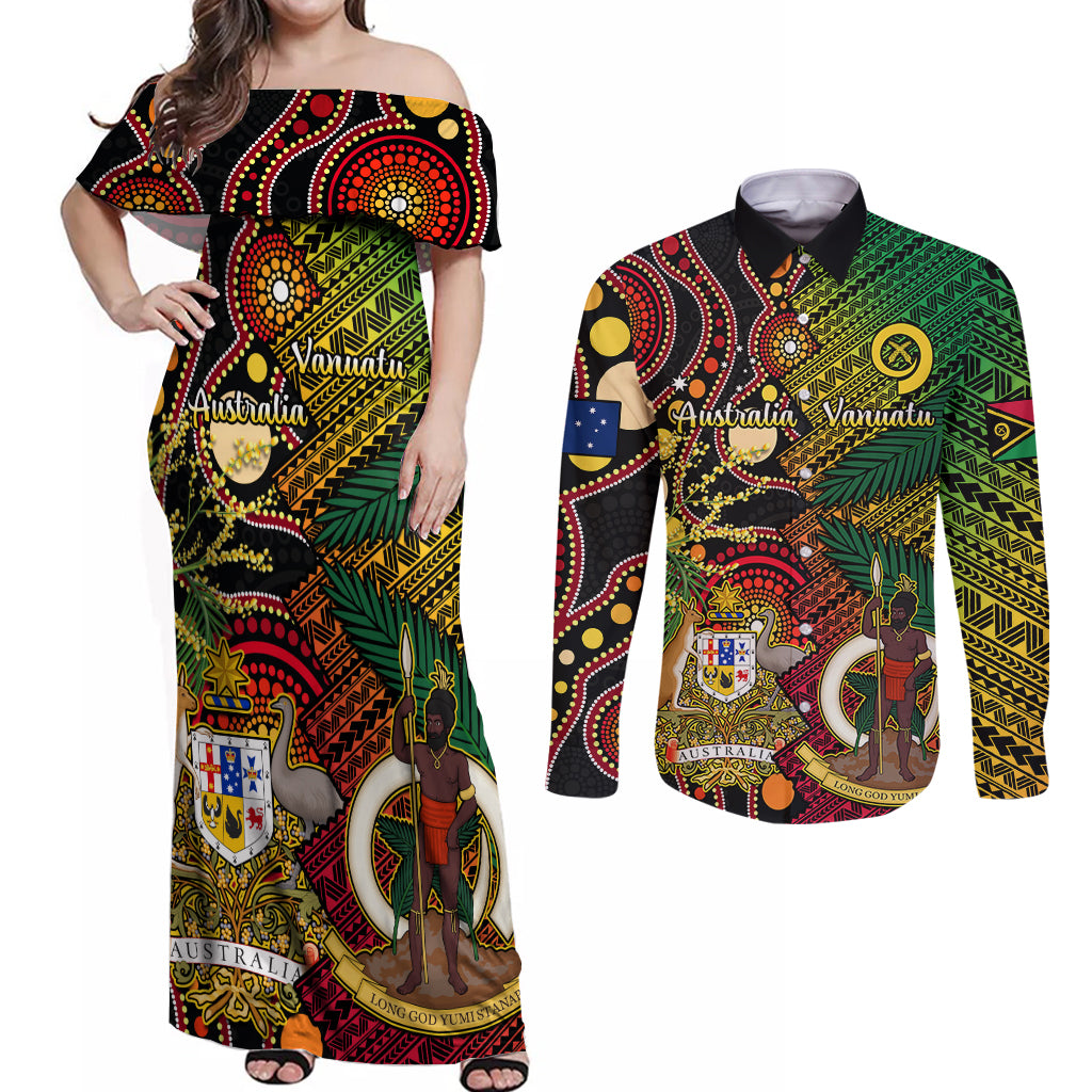 Vanuatu and Australia Couples Matching Off Shoulder Maxi Dress and Long Sleeve Button Shirts Vanuatuan Polynesian Mix Aussie Aboriginal Art LT14 Black - Polynesian Pride