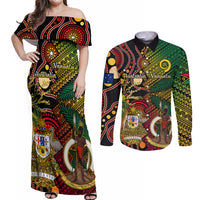 Vanuatu and Australia Couples Matching Off Shoulder Maxi Dress and Long Sleeve Button Shirts Vanuatuan Polynesian Mix Aussie Aboriginal Art LT14 Black - Polynesian Pride
