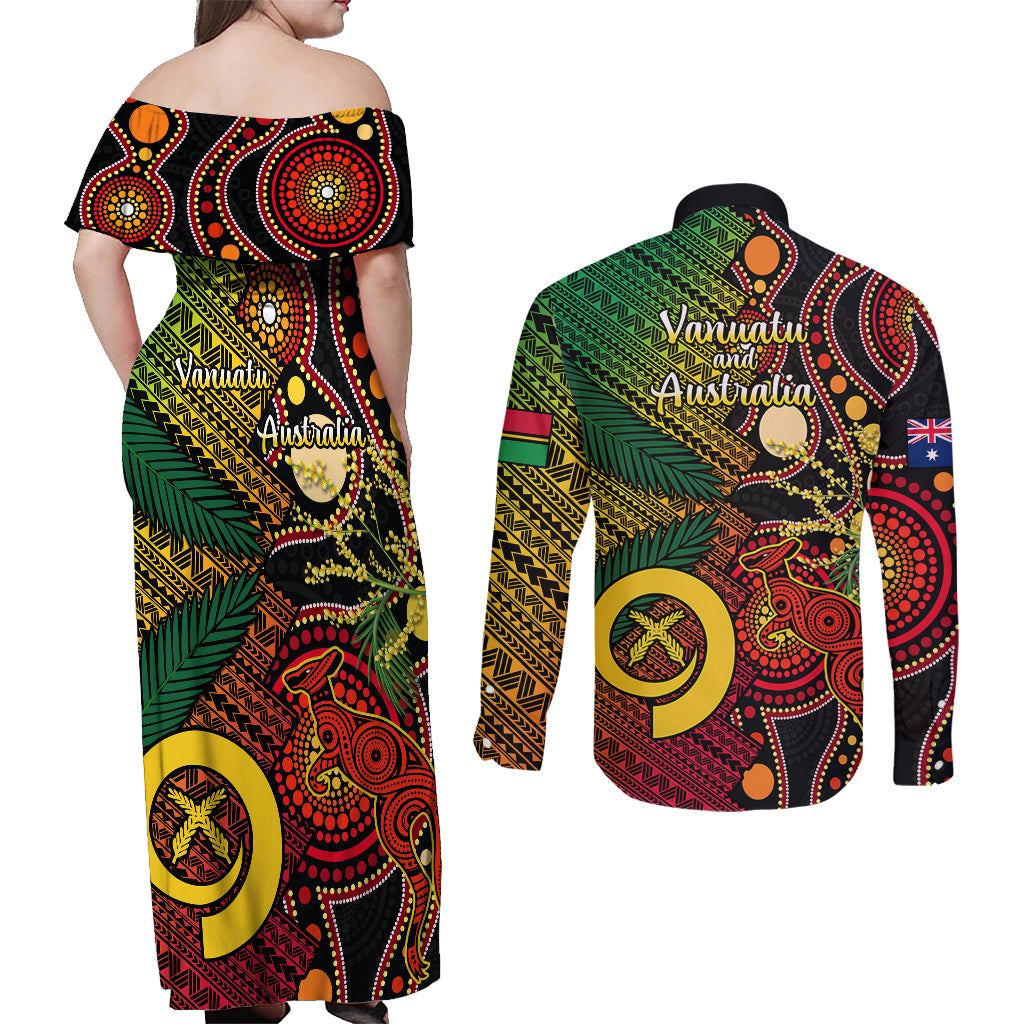 Vanuatu and Australia Couples Matching Off Shoulder Maxi Dress and Long Sleeve Button Shirts Vanuatuan Polynesian Mix Aussie Aboriginal Art LT14 - Polynesian Pride
