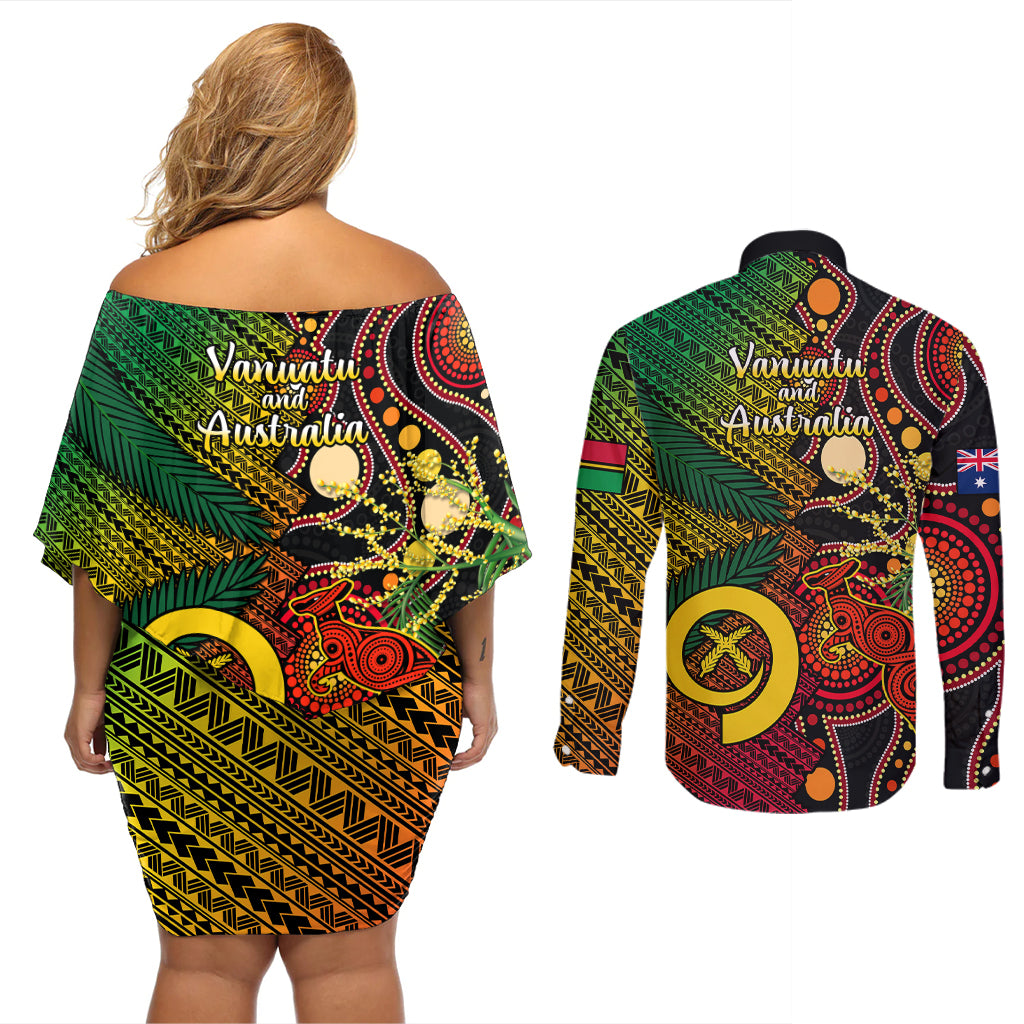 Vanuatu and Australia Couples Matching Off Shoulder Short Dress and Long Sleeve Button Shirts Vanuatuan Polynesian Mix Aussie Aboriginal Art LT14 - Polynesian Pride