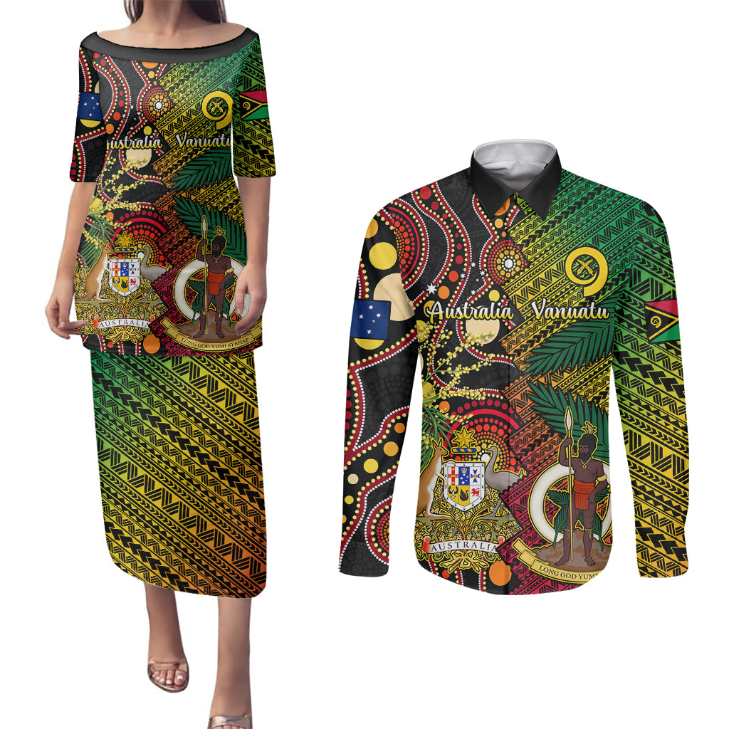 Vanuatu and Australia Couples Matching Puletasi Dress and Long Sleeve Button Shirts Vanuatuan Polynesian Mix Aussie Aboriginal Art LT14 Black - Polynesian Pride