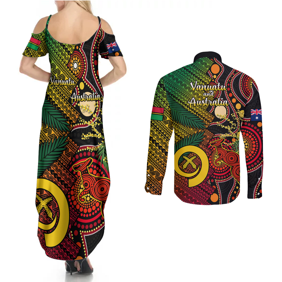 Vanuatu and Australia Couples Matching Summer Maxi Dress and Long Sleeve Button Shirts Vanuatuan Polynesian Mix Aussie Aboriginal Art LT14 - Polynesian Pride