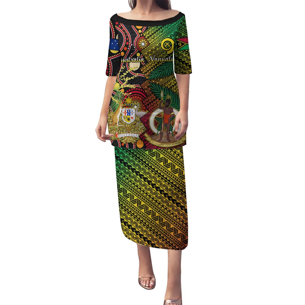 Vanuatu and Australia Puletasi Vanuatuan Polynesian Mix Aussie Aboriginal Art LT14 Long Dress Black - Polynesian Pride