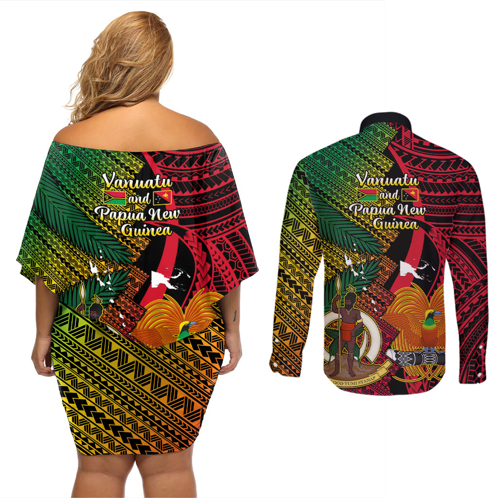 Vanuatu and Papua New Guinea Couples Matching Off Shoulder Short Dress and Long Sleeve Button Shirts Vanuatuan With PNG Polynesian Pattern LT14 - Polynesian Pride