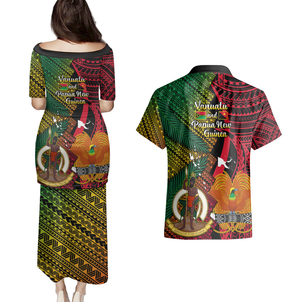 Vanuatu and Papua New Guinea Couples Matching Puletasi Dress and Hawaiian Shirt Vanuatuan With PNG Polynesian Pattern LT14 - Polynesian Pride