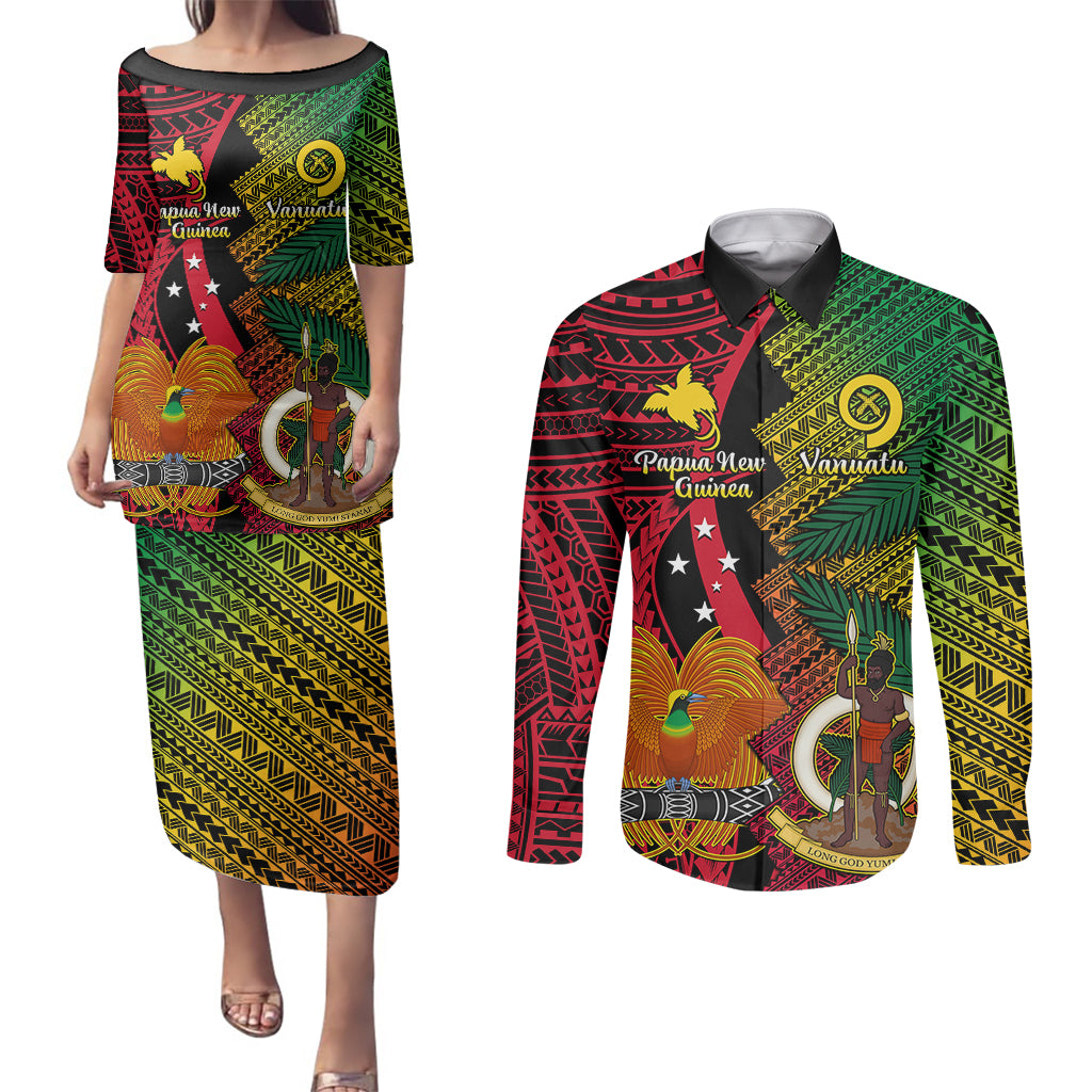 Vanuatu and Papua New Guinea Couples Matching Puletasi Dress and Long Sleeve Button Shirts Vanuatuan With PNG Polynesian Pattern LT14 Black - Polynesian Pride