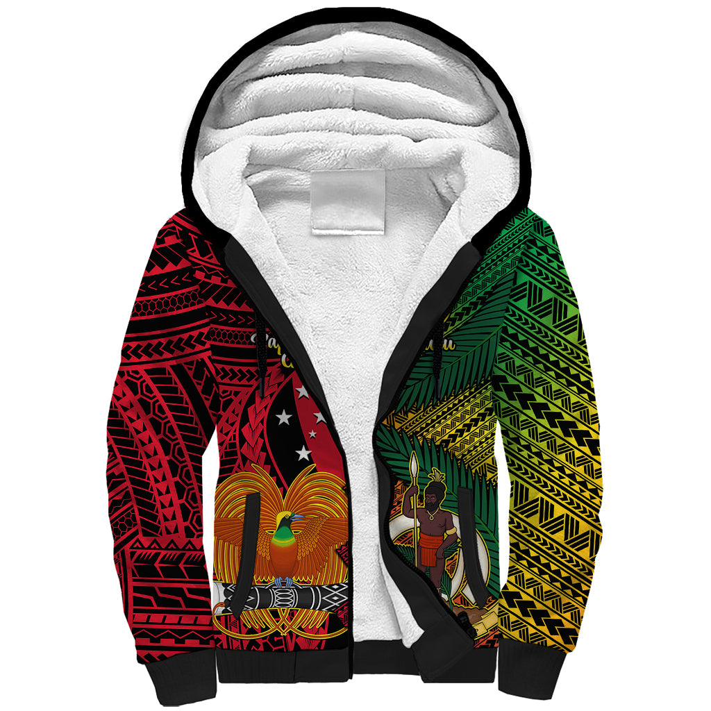 Vanuatu and Papua New Guinea Sherpa Hoodie Vanuatuan With PNG Polynesian Pattern LT14 Unisex Black - Polynesian Pride