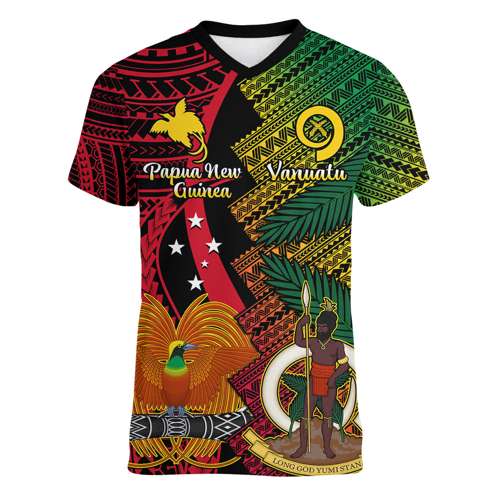 Vanuatu and Papua New Guinea Women V Neck T Shirt Vanuatuan With PNG Polynesian Pattern LT14 Female Black - Polynesian Pride