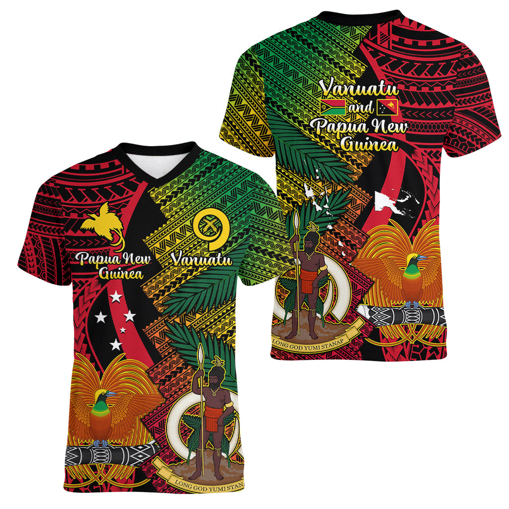 Vanuatu and Papua New Guinea Women V Neck T Shirt Vanuatuan With PNG Polynesian Pattern LT14 - Polynesian Pride