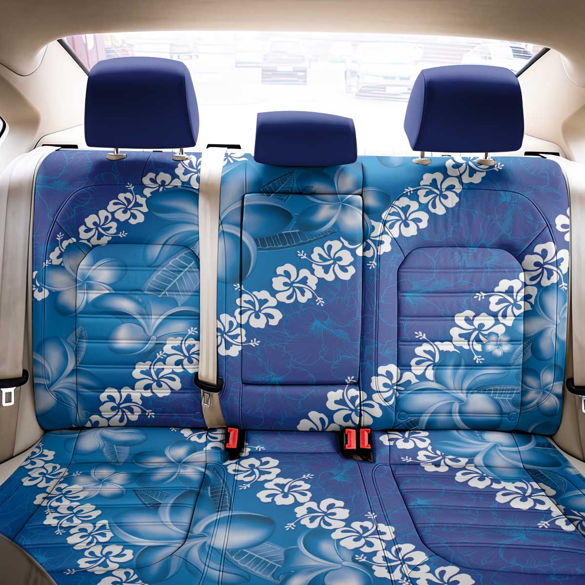 Vintage Blue Polynesia Back Car Seat Cover Plumeria With Hibiscus Tropical Vibes